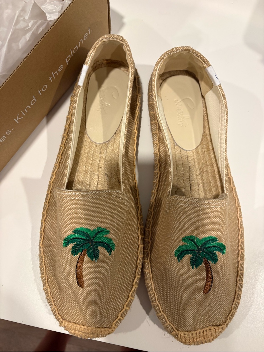 Sea Star Beige Espadrille Slip-Ons with Green Palm Embroidery